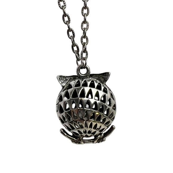 Puffy 3D Owl Pendant with Black Rhinestone Eyes Antique Silver Tone - Picture 3 of 8